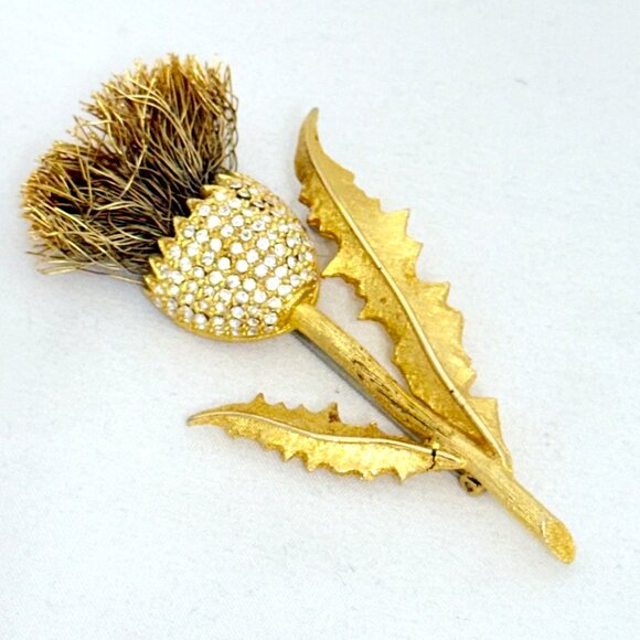 Rare Cadoro "Thistle" Brooch/Pin Gold Tone w/Clear Rhinestones - Signed - Picture 1 of 7